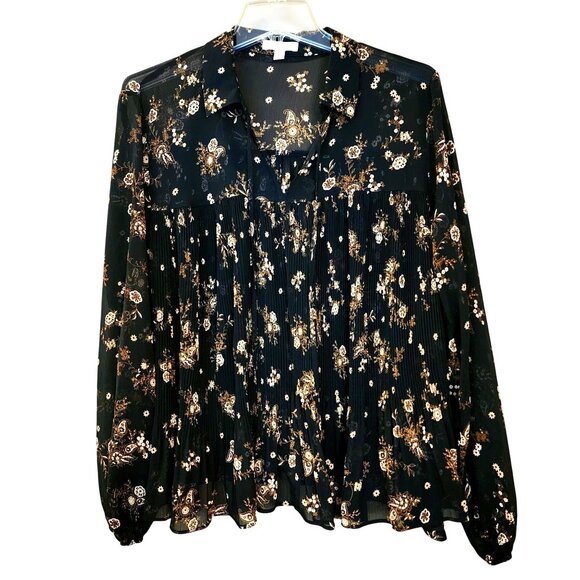 LC Lauren Conrad Black Floral‎ Paisley Dark Romantic Sheer Boho Top L - Picture 1 of 15